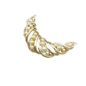 Vintage Lisner Crescent Moon Gold-Tone Brooch with Faux Pearl Accents